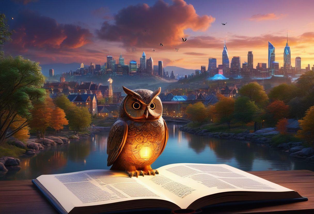 A serene digital landscape with a glowing compass guiding the way through flowing streams of information, vibrant symbols of wisdom such as an owl, lightbulb, and books scattered around. The backdrop features a modern city skyline with digital screens displaying engaging content. Soft, ethereal lighting sets a calm and inviting atmosphere. super-realistic. vibrant colors. 3D.